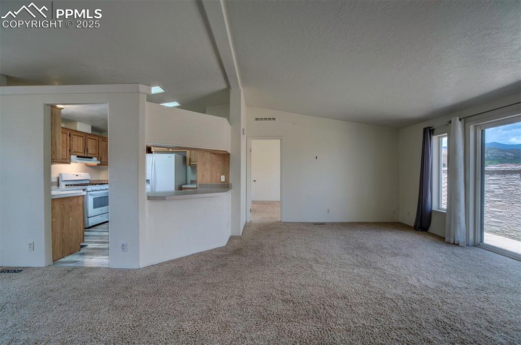 Image 4 of 31: Unfurnished living room with light carpet, lofted ceiling, and a textured c