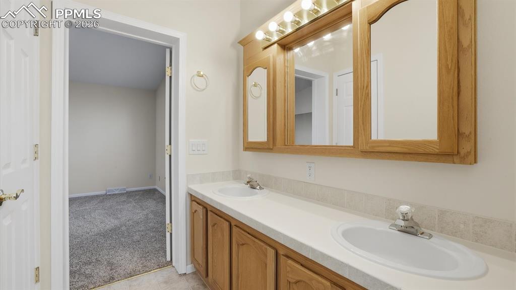 Image 25 of 37: View into the Primary Bedroom from the Primary Bathroom.