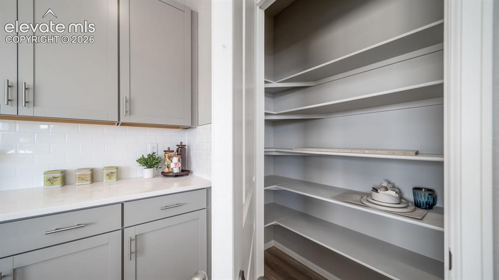 Image 22 of 39: Walk-in pantry featuring extensive built-in shelving, providing abundant st