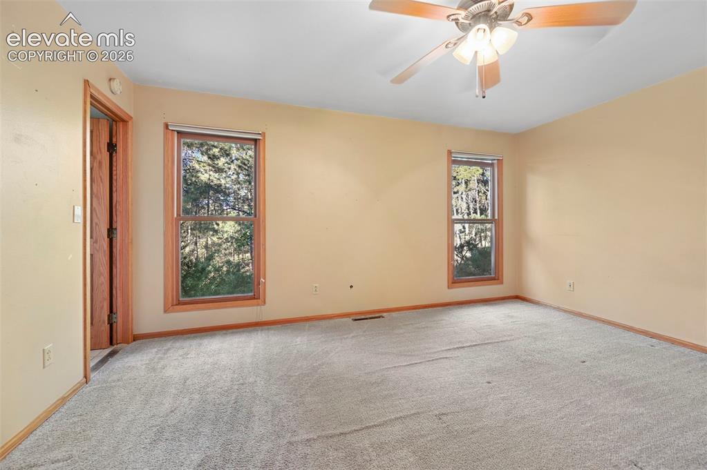 Image 24 of 47: Carpeted room featuring two wood-framed windows, a wood-finish door, and a