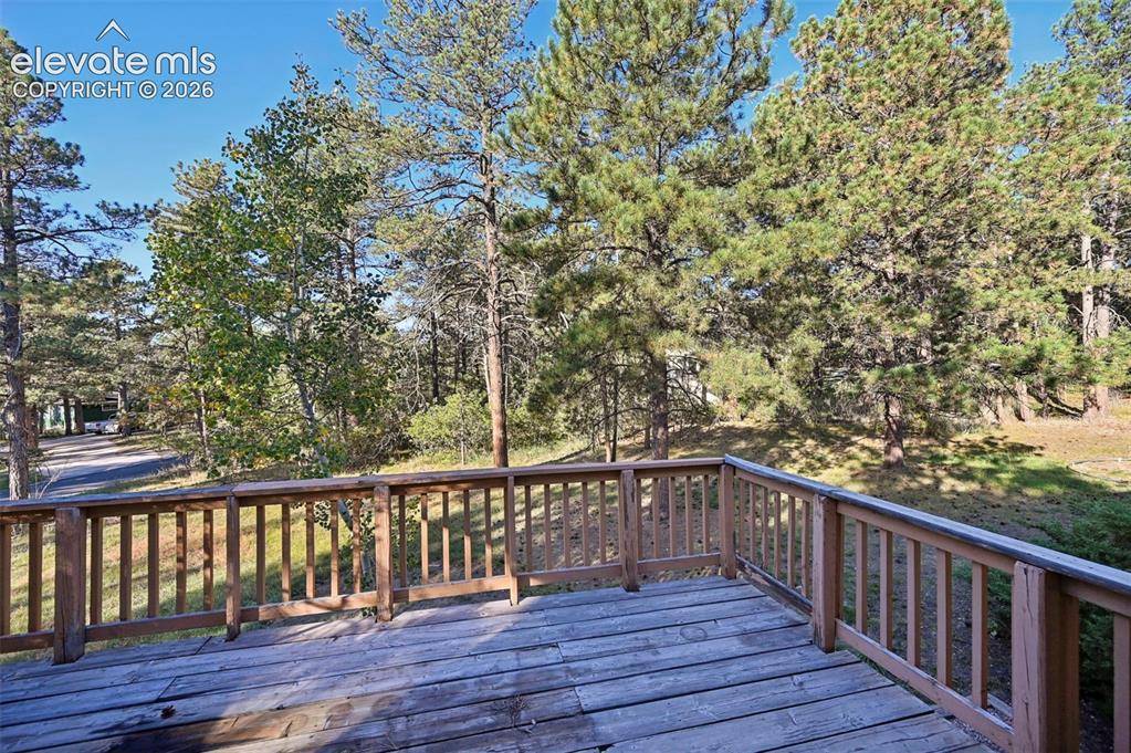 Image 45 of 47: Expansive outdoor deck featuring wood decking and railings, surrounded by m