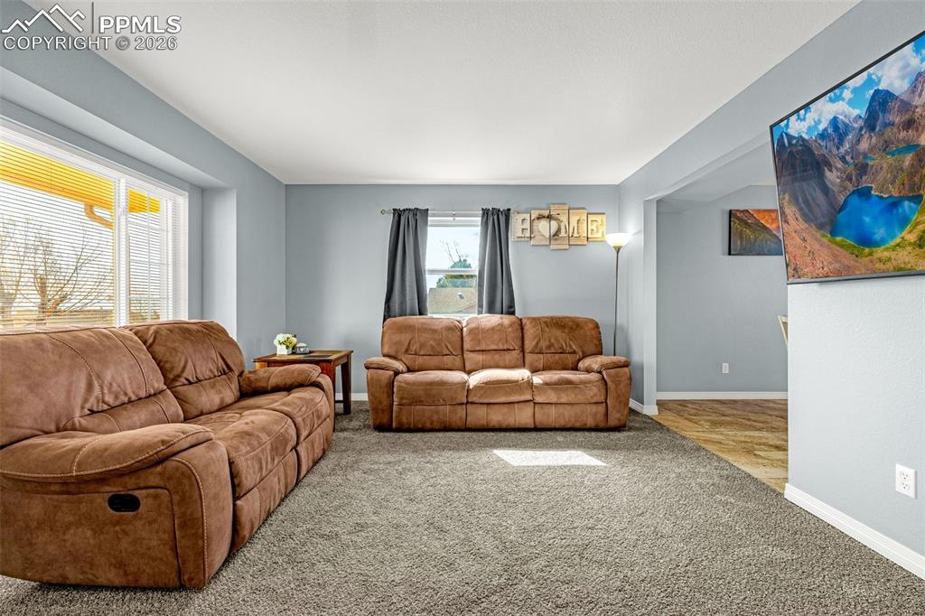 Image 6 of 42: Living room with carpet flooring and baseboards