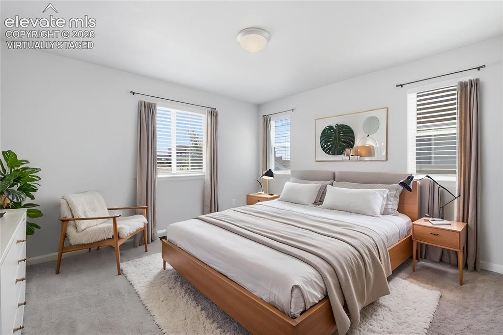 Image 20 of 42: Primary bedroom featuring multiple windows with blinds, a ceiling-mounted l