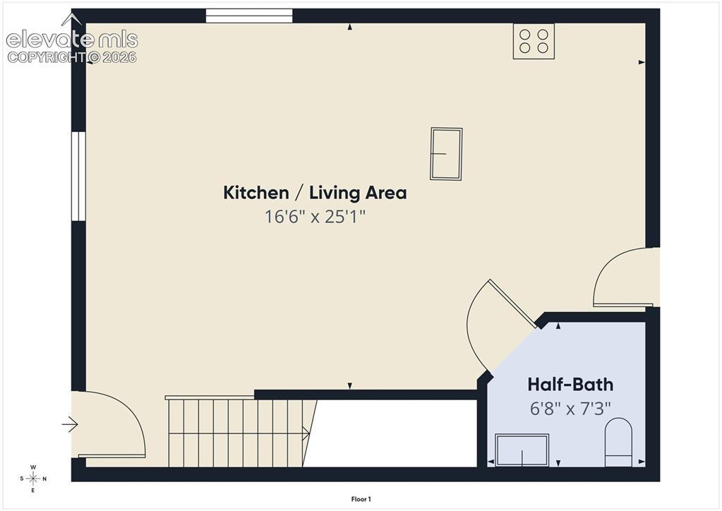 Image 38 of 40: Main-level floor plan highlighting the spacious kitchen and living area, co