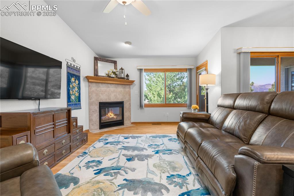 Image 16 of 49: Living room with light wood-style flooring, a ceiling fan, and a fireplace