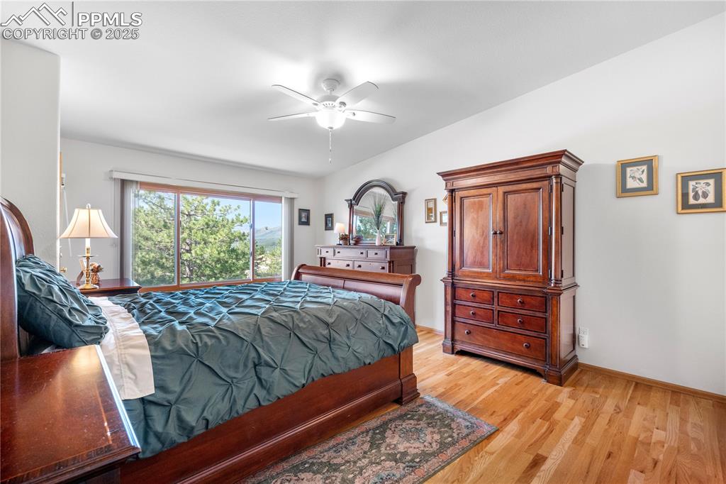 Image 21 of 49: Bedroom with light wood-type flooring and a ceiling fan
