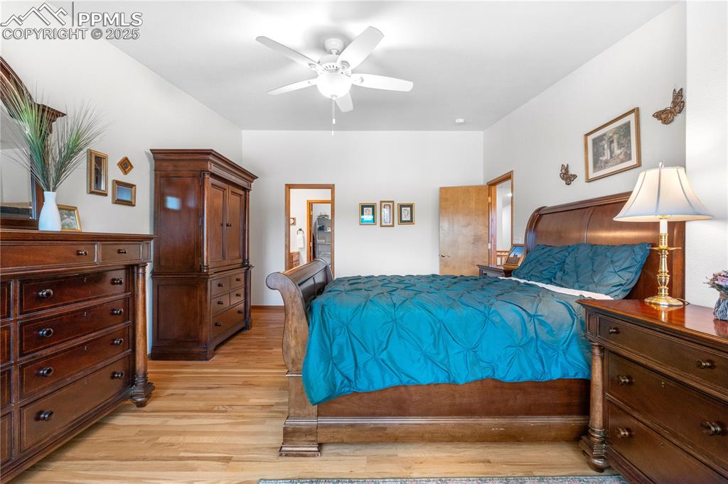 Image 24 of 49: Bedroom featuring light wood finished floors and ceiling fan