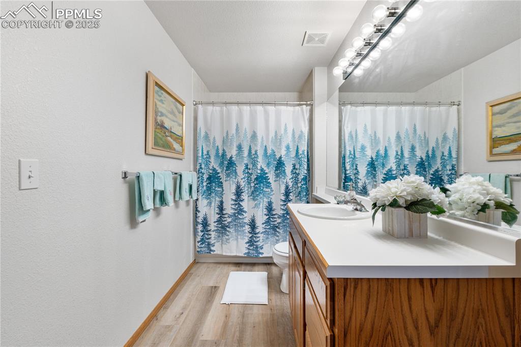 Image 36 of 49: Full bath featuring wood finished floors, vanity, and a shower with curtain