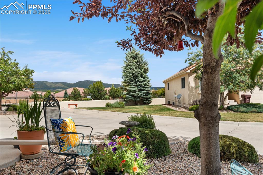 Image 43 of 49: View of yard with a mountain view and a patio area