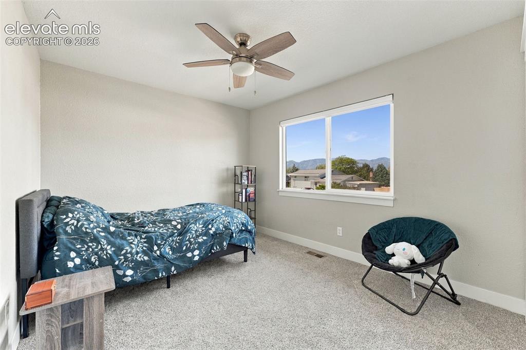 Image 19 of 46: wood-finish ceiling fan, broad window, and light-toned carpeting