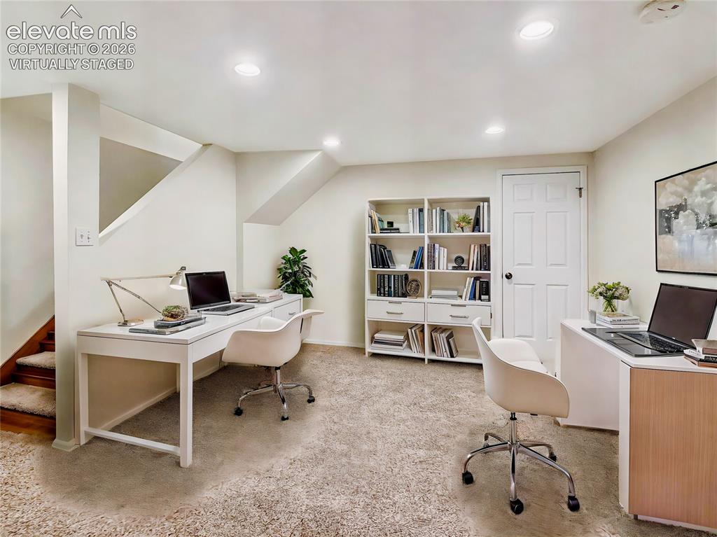 Image 31 of 44: Virtually Staged Carpeted room featuring recessed lighting and a built-in w