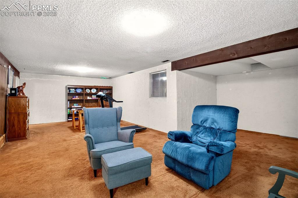 Image 10 of 37: Living area featuring a textured wall, carpet, and a textured ceiling