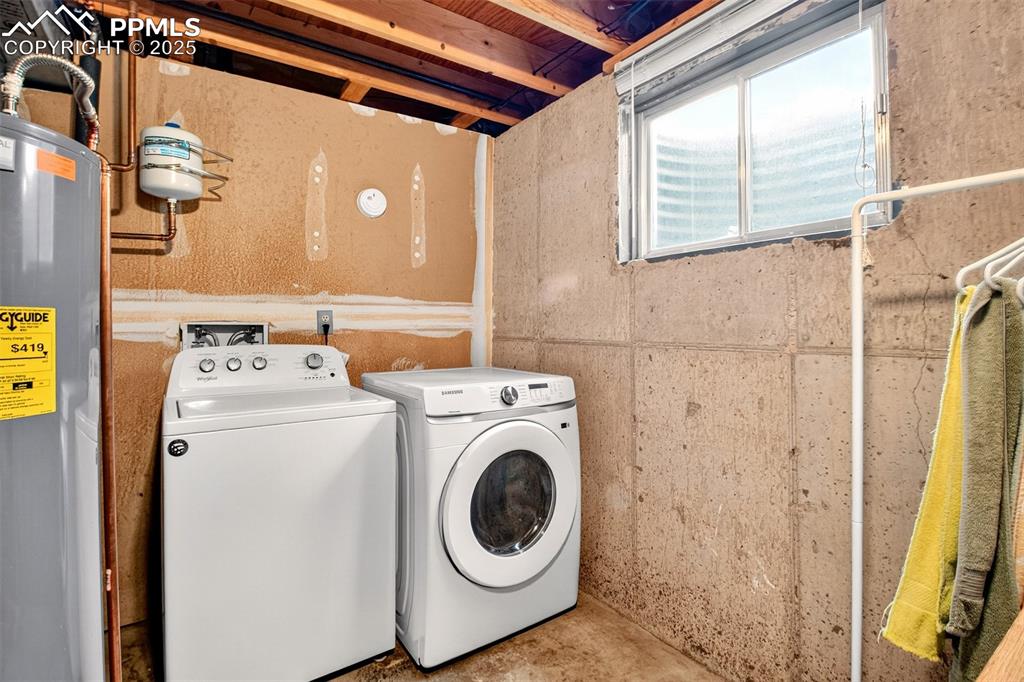 Image 11 of 37: Basement Laundry area with electric water heater and furnace from 2022.