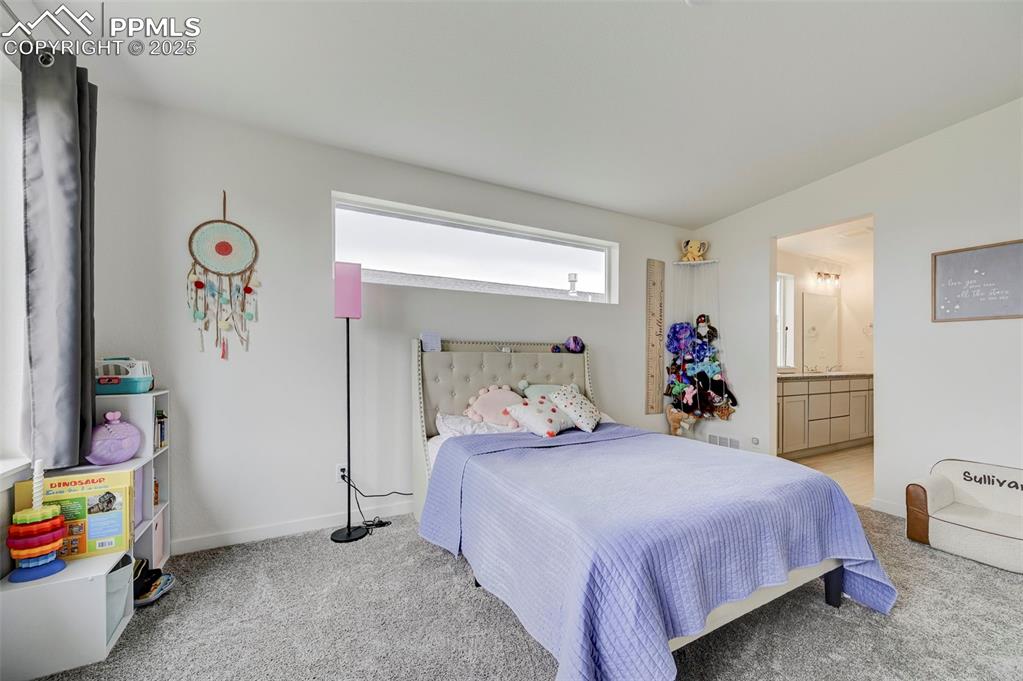 Image 17 of 48: Carpeted bedroom with baseboards and connected bathroom
