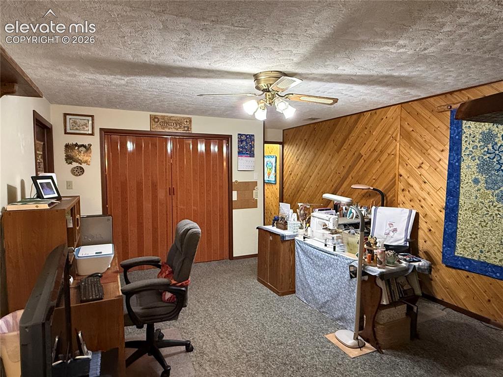 Image 15 of 38: Room featuring light-colored walls, wood-paneled accent wall, and textured
