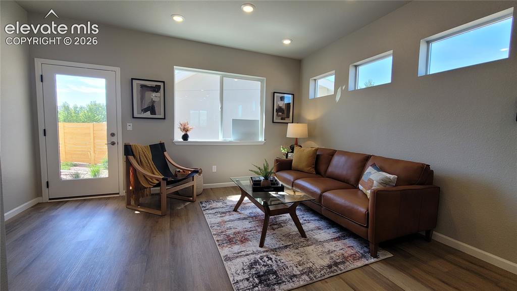 Image 12 of 41: Living room with LVP flooring, abundance of natural light, walk out to back