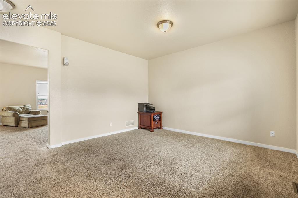 Image 16 of 44: Carpeted room with neutral wall tones and a ceiling-mounted light fixture