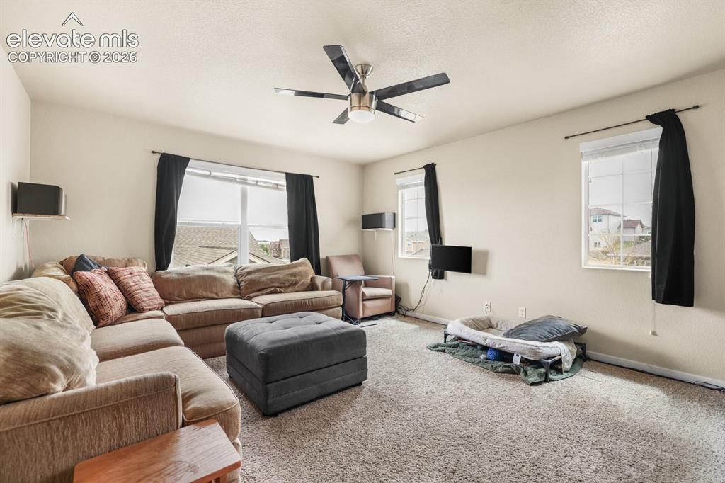 Image 26 of 44: Carpeted living space featuring multiple windows, a ceiling fan with integr