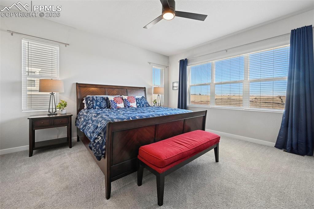 Image 18 of 49: Primary Bedroom featuring light colored carpet and a ceiling fan