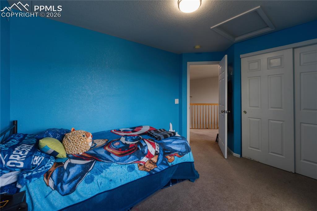 Image 27 of 45: Room featuring blue walls and neutral carpeting, with a ceiling-mounted lig