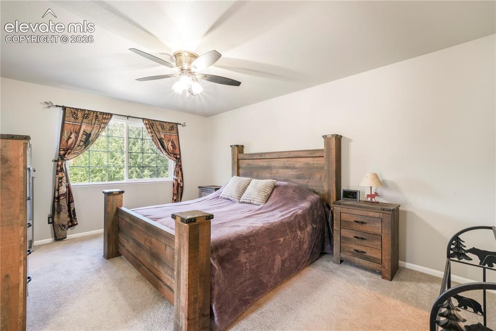 Image 24 of 50: Upstairs Primary bedroom with views of Pikes Peak, 2 closets and updated ba