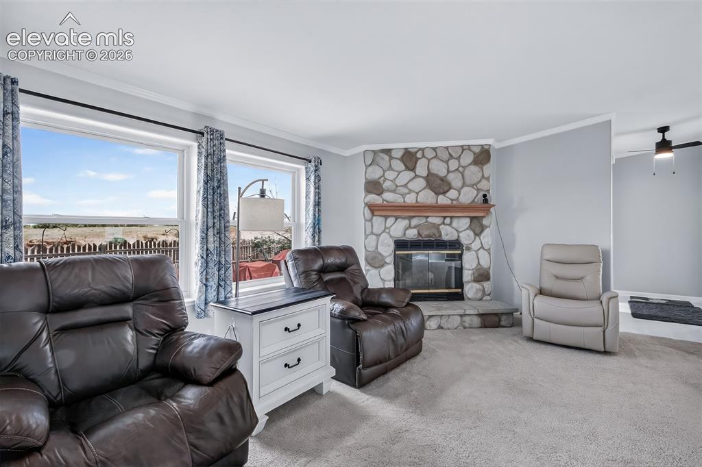 Image 3 of 45: Family room has wood burning fireplace and new large Pella windows througho