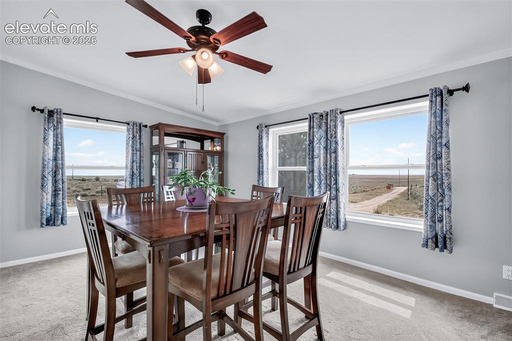 Image 7 of 45: Living room is currently being used as the dining room. Lots of new Pella w