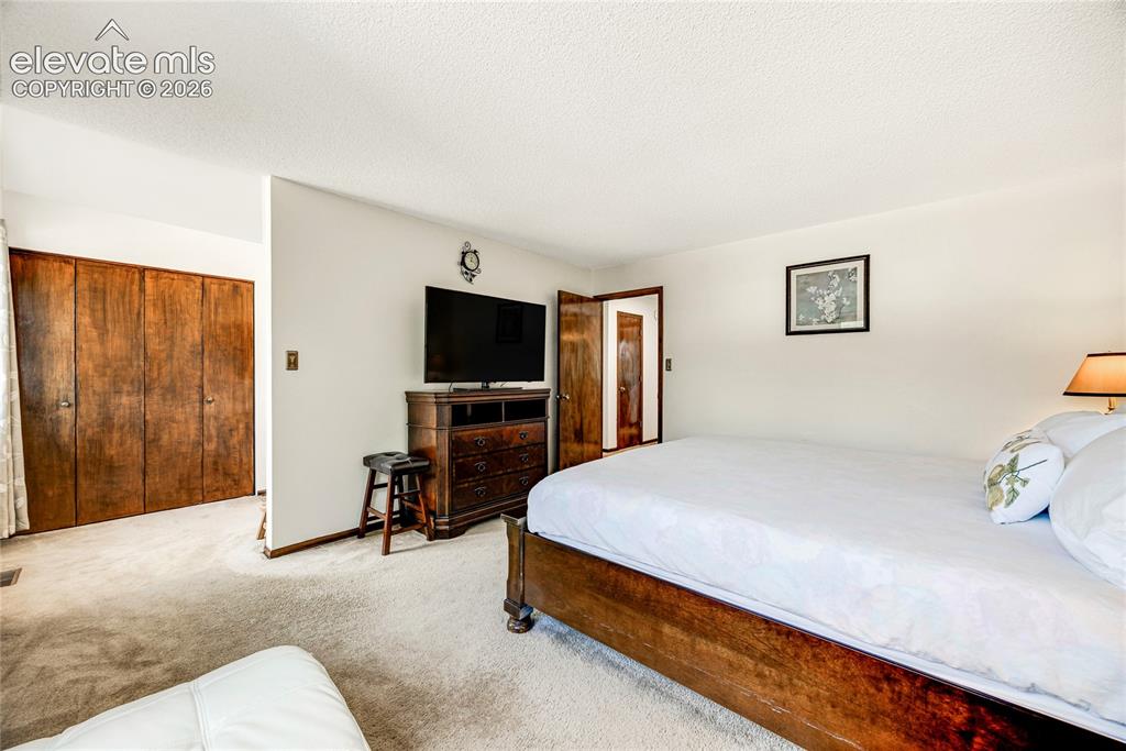 Image 17 of 46: Carpeted room featuring warm-toned wood doors and trim