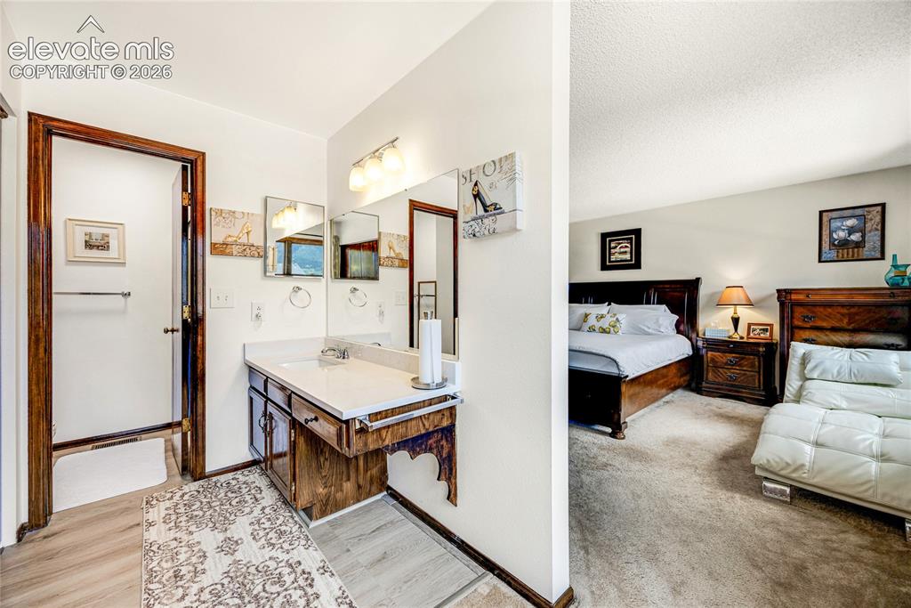 Image 18 of 46: Bathroom vanity featuring a single sink, light-toned countertop, and dark w