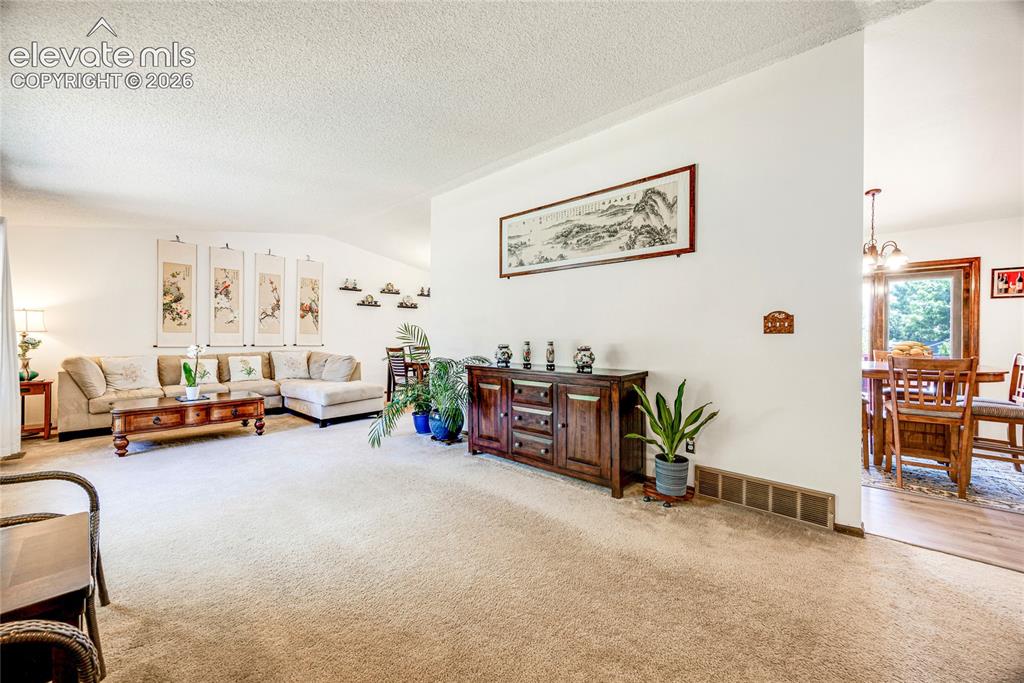 Image 5 of 46: Expansive carpeted living area featuring white walls, vaulted ceilings, and