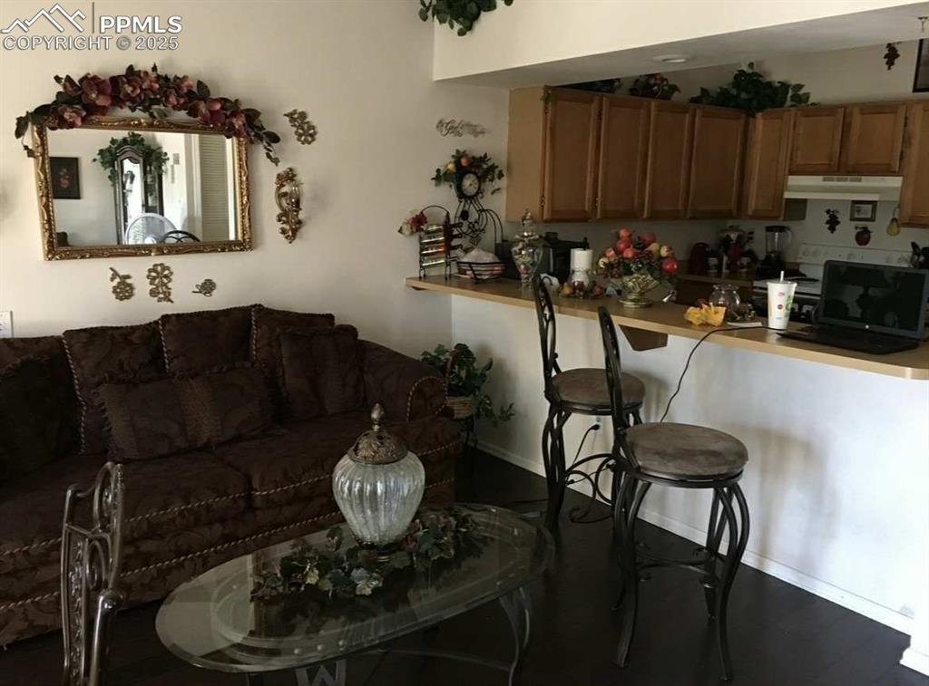 Image 5 of 20: Living room with baseboards and dark wood-type flooring