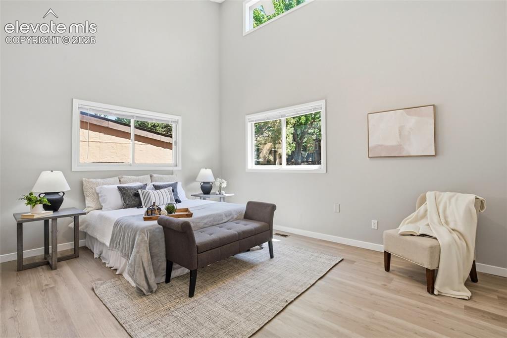 Image 10 of 19: Bedroom featuring wood-finish flooring, high vaulted ceilings, and light gr