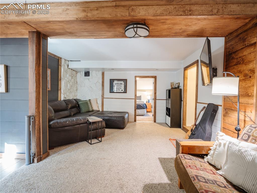 Image 27 of 46: Ground level family room with shiplap and natural wood accents