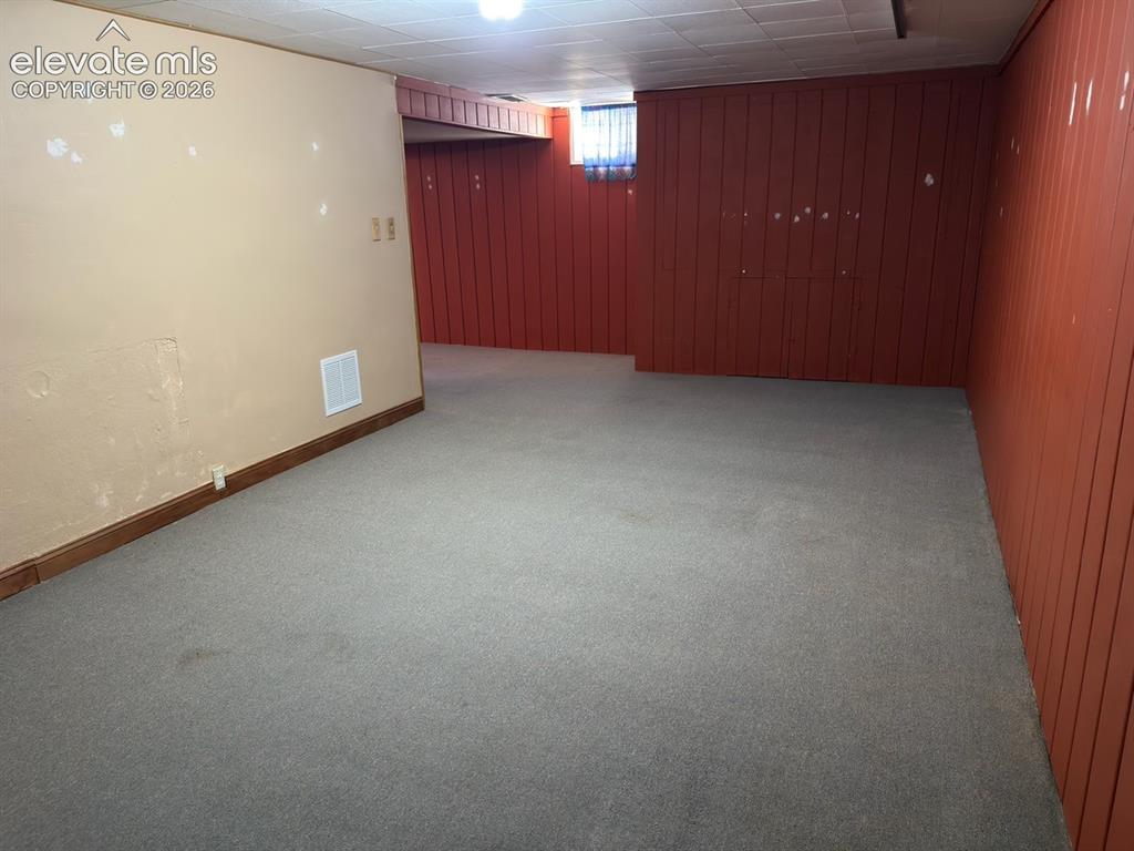 Image 37 of 48: Spacious carpeted area featuring a partial finished wall with a small windo