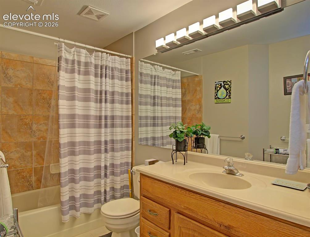Image 12 of 13: Bathroom featuring a single vanity with wood-finish cabinetry, a built-in s