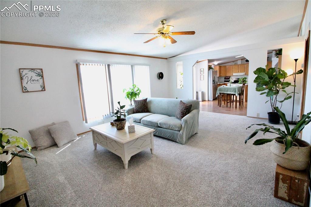 Image 16 of 44: Living room featuring carpet floors, a ceiling fan, arched walkways, and a