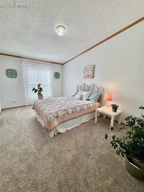 Image 20 of 44: Carpeted bedroom with ornamental molding and a textured ceiling