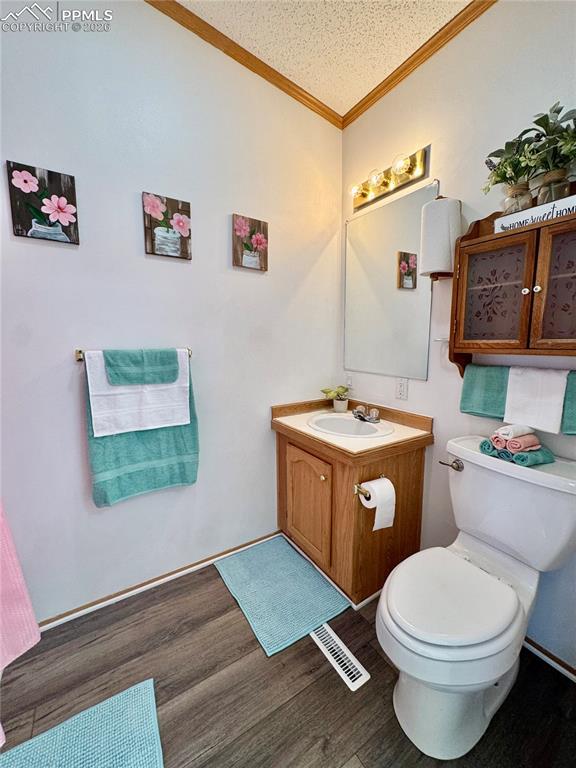Image 24 of 44: Bathroom with vanity, dark wood finished floors, and ornamental molding