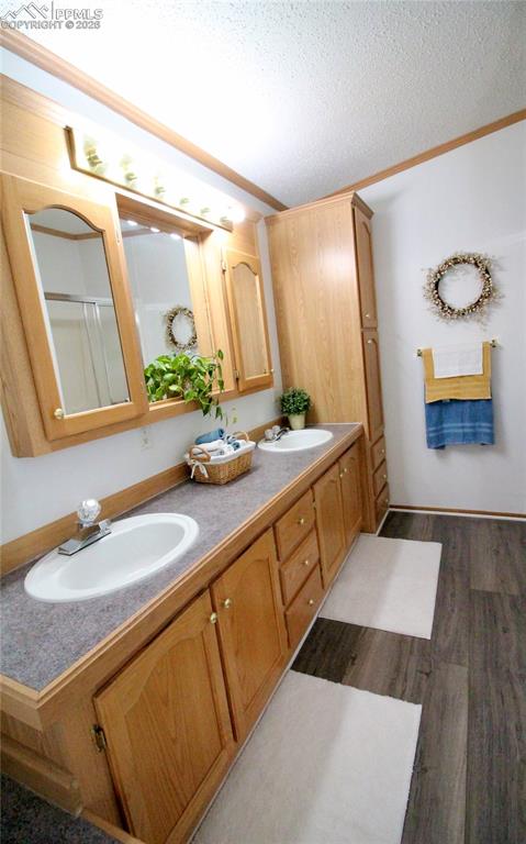 Image 29 of 44: Bathroom with double vanity, a textured ceiling, dark wood-style flooring,