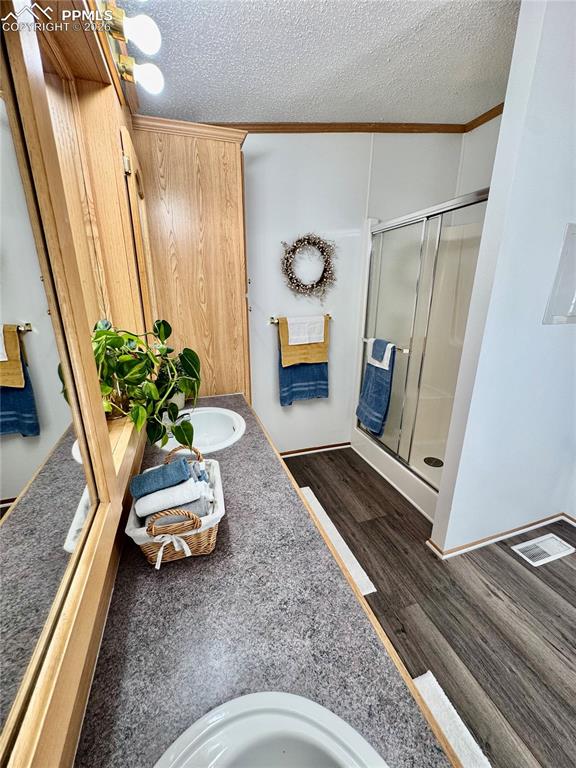 Image 31 of 44: Bathroom featuring vanity, a stall shower, a textured ceiling, and dark woo