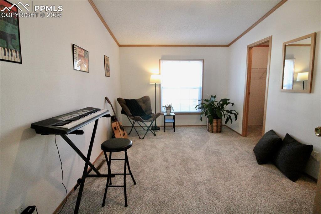 Image 36 of 44: Living area with light colored carpet and crown molding