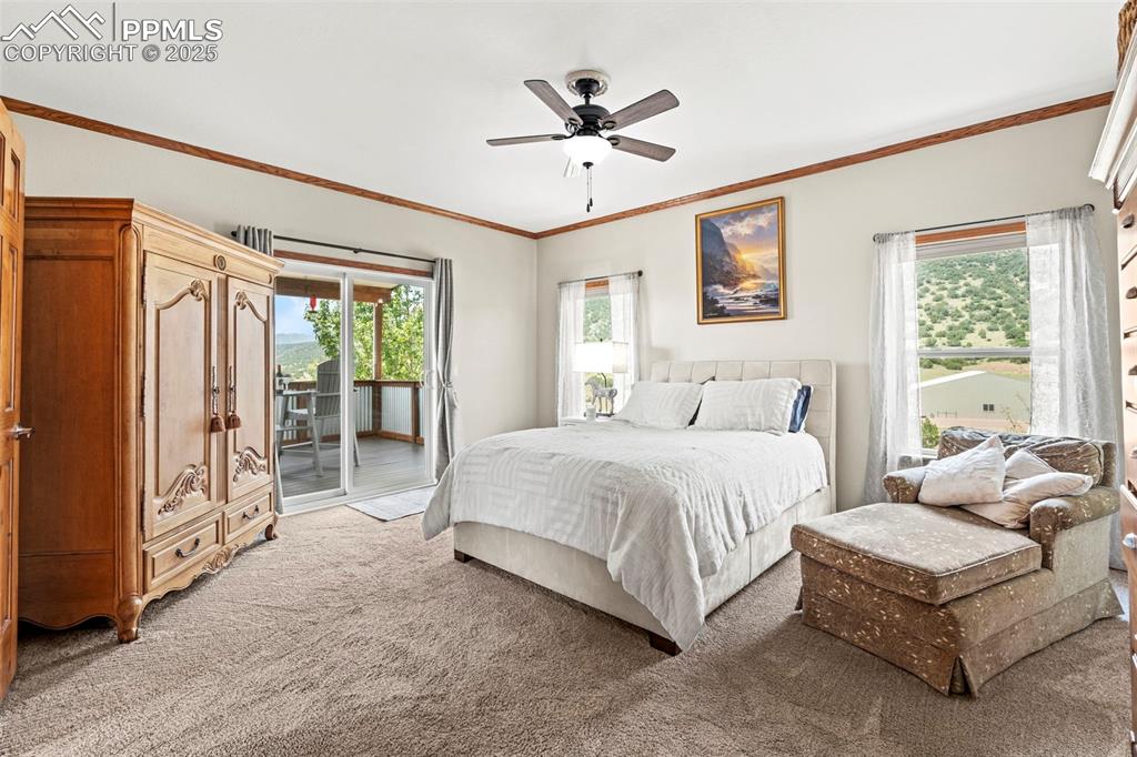 Image 26 of 41: Bedroom with light colored carpet, access to exterior, ornamental molding,