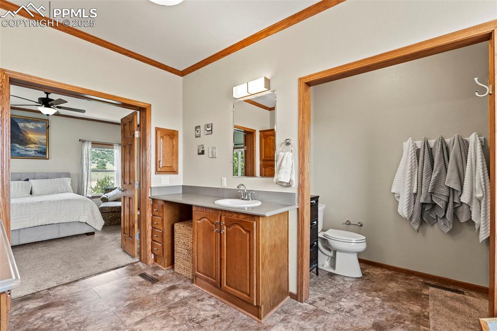 Image 29 of 41: Ensuite bathroom with vanity, crown molding, and a ceiling fan