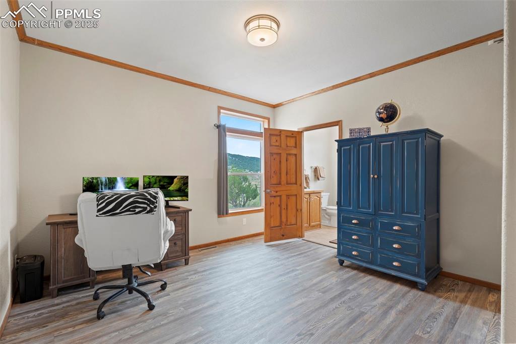 Image 33 of 41: Office with light wood-type flooring and ornamental molding