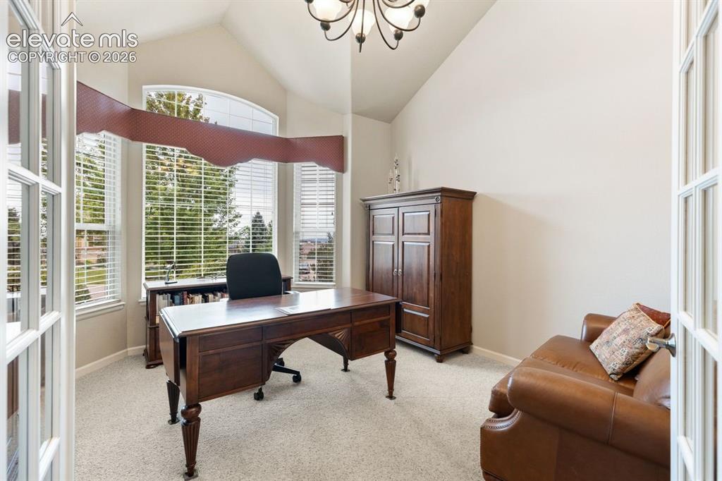 Image 14 of 50: Dedicated office with vaulted ceiling and french doors