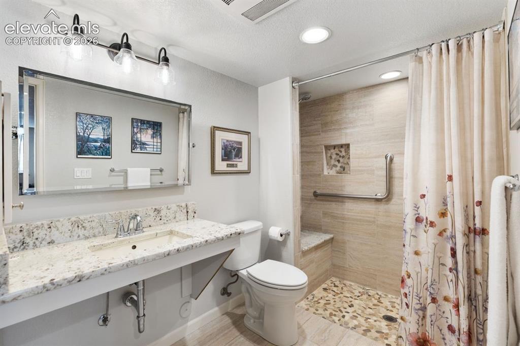 Image 32 of 50: 3/4 basement bathroom with zero entry shower