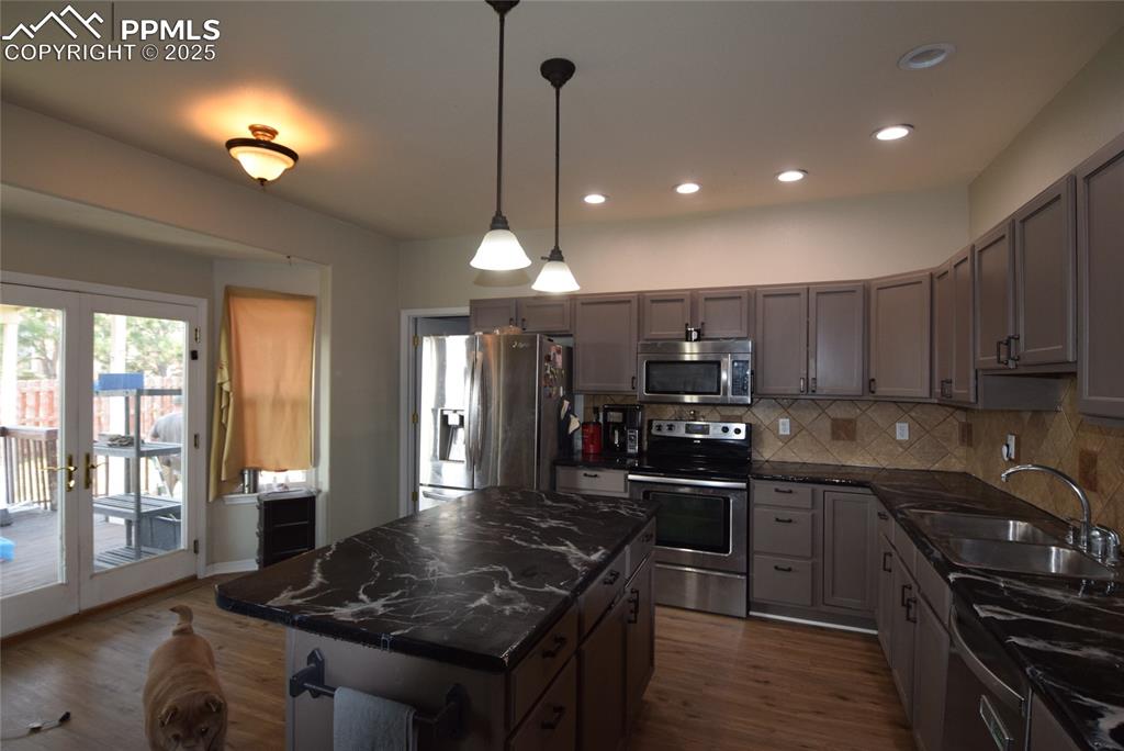 Image 14 of 50: Kitchen with dark wood-type flooring, stainless steel appliances, decorativ