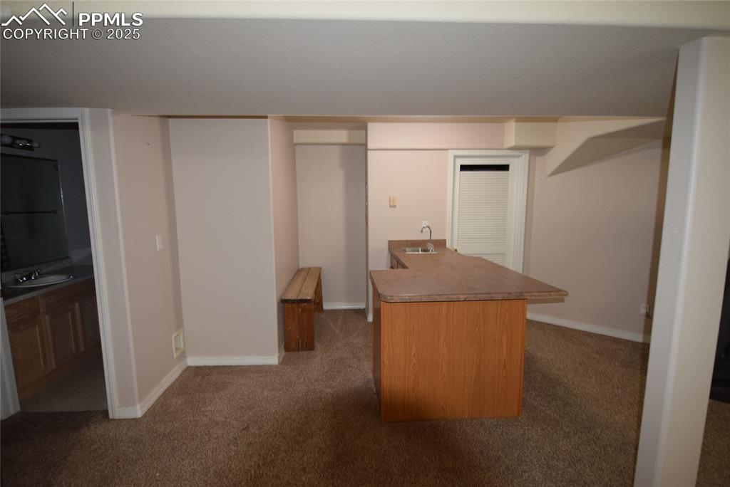 Image 38 of 50: Kitchen with carpet floors