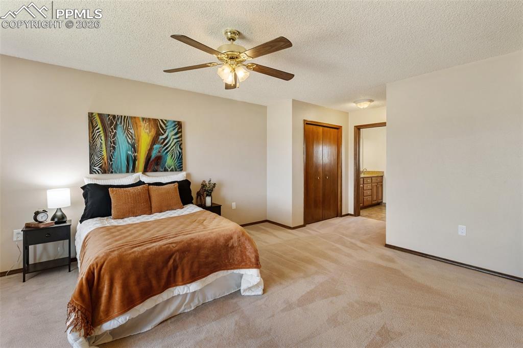 Image 32 of 50: Spacious primary bedroom with window bench and amazing mountain views.
