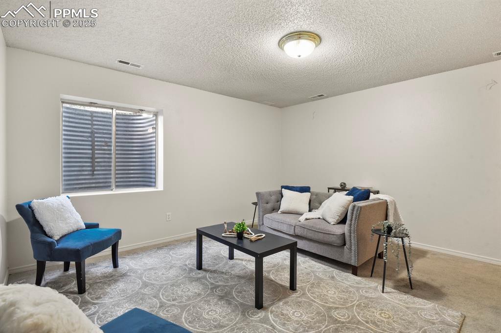 Image 31 of 45: Living room featuring a textured ceiling and carpet floors